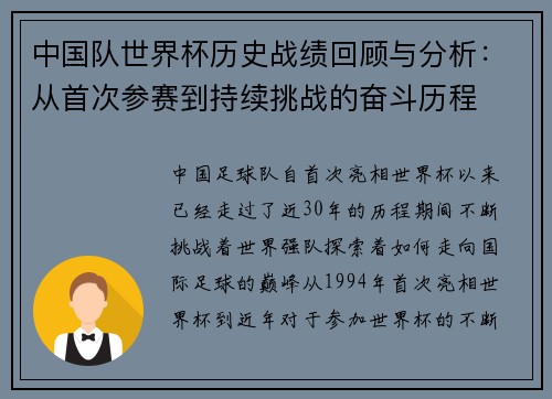 中国队世界杯历史战绩回顾与分析：从首次参赛到持续挑战的奋斗历程